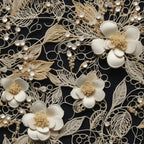 cream, ivory, beige, black background, floral pattern, lace motif, tatting design, delicate flowers, ornate leaves, vintage style, intricate details,, fabric panel, botanical elements, elegant design, feminine aesthetic, decorative swirls, textured appearance, craft fabric, sewing material