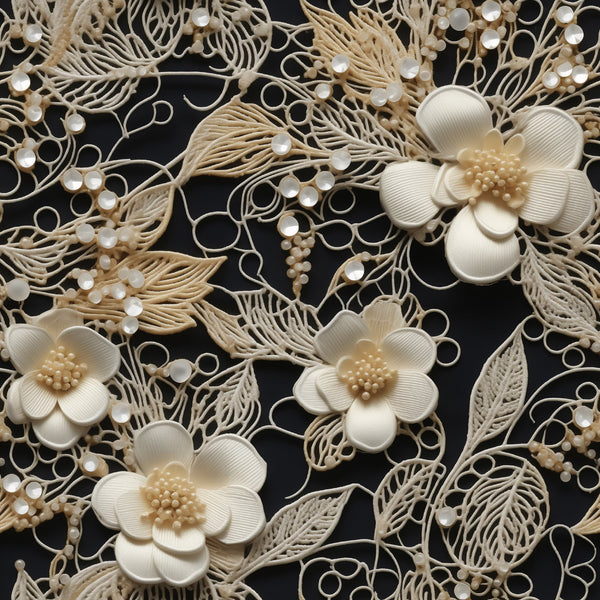 cream, ivory, beige, black background, floral pattern, lace motif, tatting design, delicate flowers, ornate leaves, vintage style, intricate details,, fabric panel, botanical elements, elegant design, feminine aesthetic, decorative swirls, textured appearance, craft fabric, sewing material