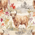 highland cows, brown cattle, horned cattle, pastoral scene, floral elements, wildflowers, red poppies, purple blooms, cream background, beige tones, rustic landscape, farm animals, countryside setting, watercolor style, soft illustration,, fabric panel, botanical motifs, rural theme, gentle mood