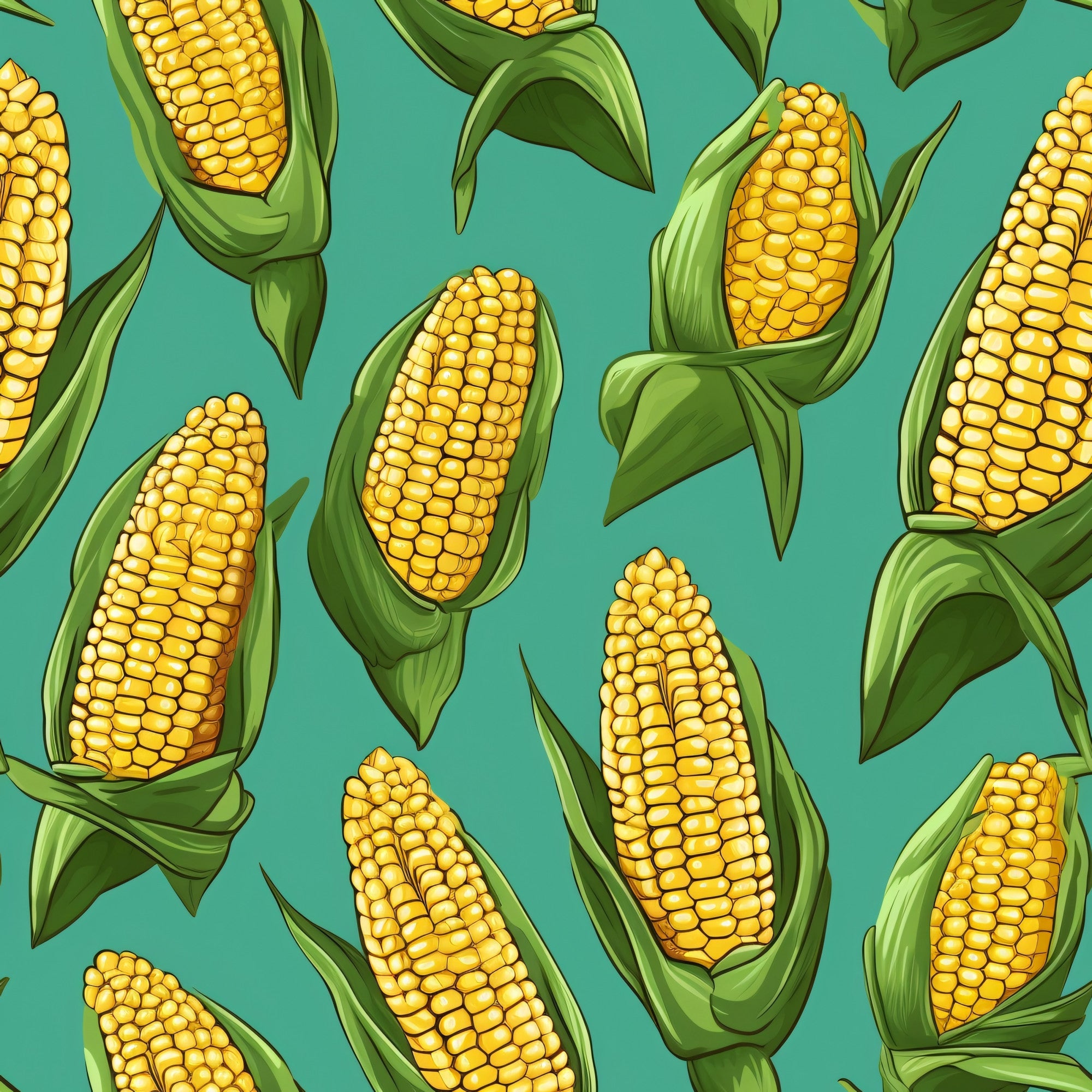 sweet corn, corn cobs, yellow kernels, green husks, teal background, turquoise, golden yellow, vegetable pattern, farm fresh, harvest theme, botanical design, seamless repeat,, fabric panel, summer produce, agriculture motif, corn stalks, green leaves, food illustration, kitchen theme
