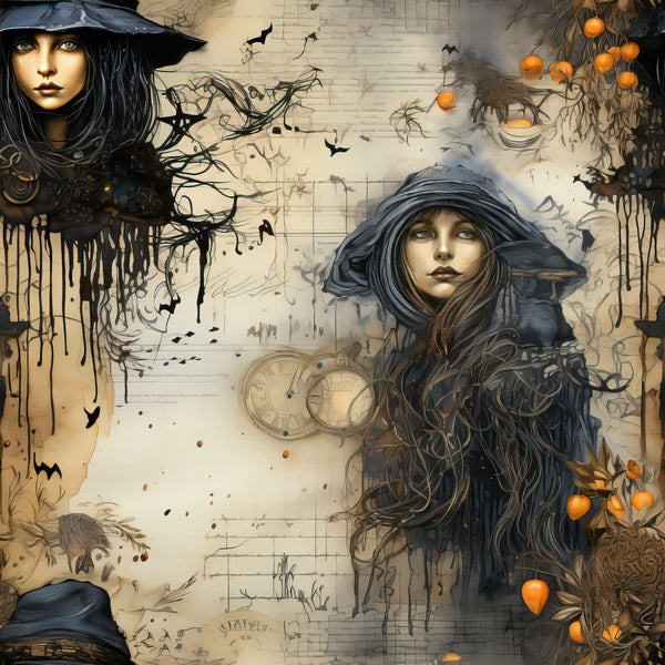 witchy, halloween, gothic, dark fantasy, hooded figures, mysterious women, orange pumpkins, black ravens, dripping ink, vintage clocks, autumn themed, occult imagery, spooky atmosphere,, fabric panel, beige background, black accents, orange highlights, ethereal portraits, mystical elements