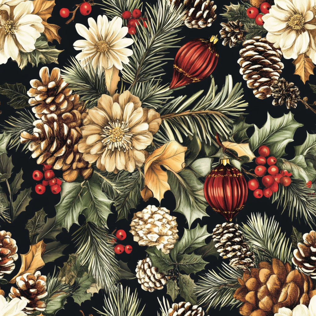 christmas pattern, pinecones, red berries, cream flowers, evergreen branches, holly leaves, red ornaments, black background, winter foliage, botanical design,, fabric panel, festive motif, holiday theme, natural elements, pine needles, christmas decorations, seasonal pattern, winter botanicals