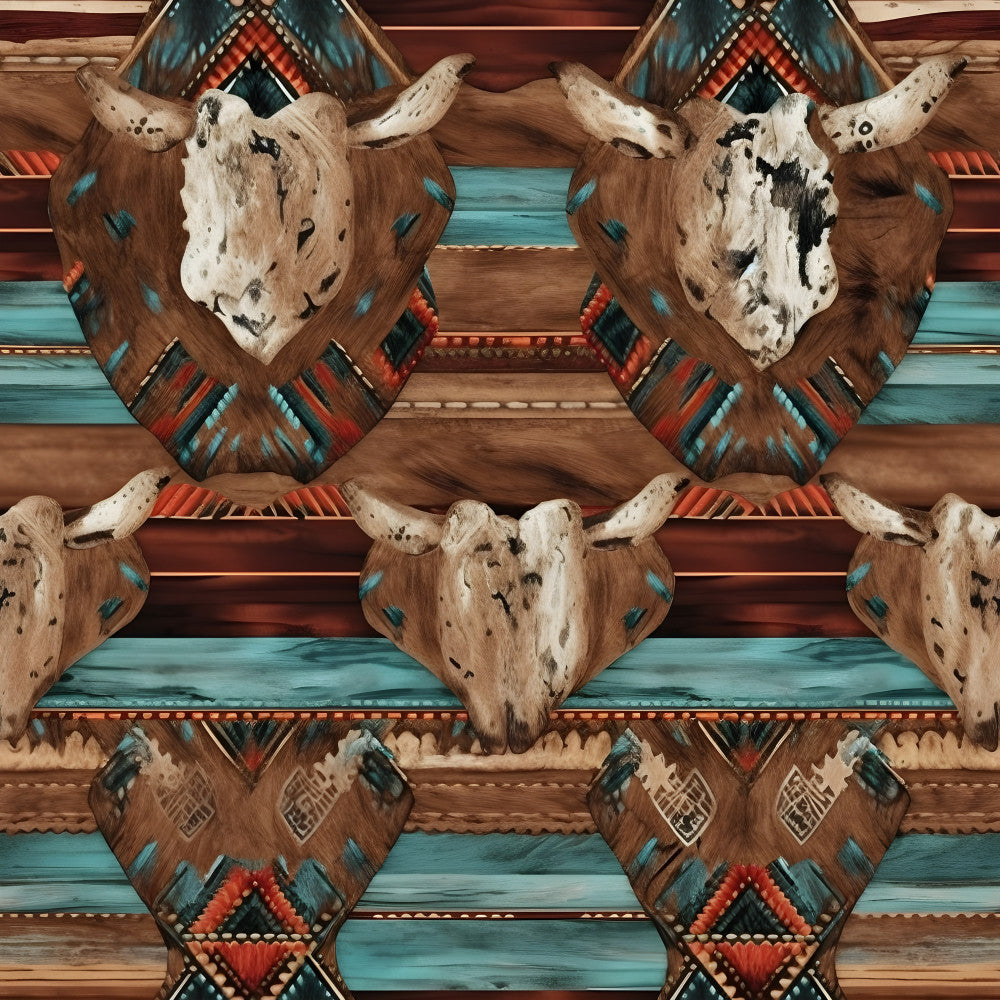 southwestern bull skull, turquoise and rust, tribal patterns, western theme, native american inspired, longhorn cattle, geometric design, rustic style, boho aesthetic, earth tones, cream and brown, red and teal, desert motif, ranch decor, cowboy theme, aztec patterns, ornamental horns, wild west, farmhouse style, lodge decor, traditional southwestern, burnt orange, natural wood tones, tribal prints, woven textile look, boys room, nursery decor, playroom fabric