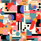 groovy, boho, hippie, geometric shapes, abstract pattern, red, orange, pink, blue, black, white, peach, coral, retro style, mod design, circles, rectangles, triangles, overlapping forms,, fabric panel, seventies inspired, psychedelic, colorful blocks