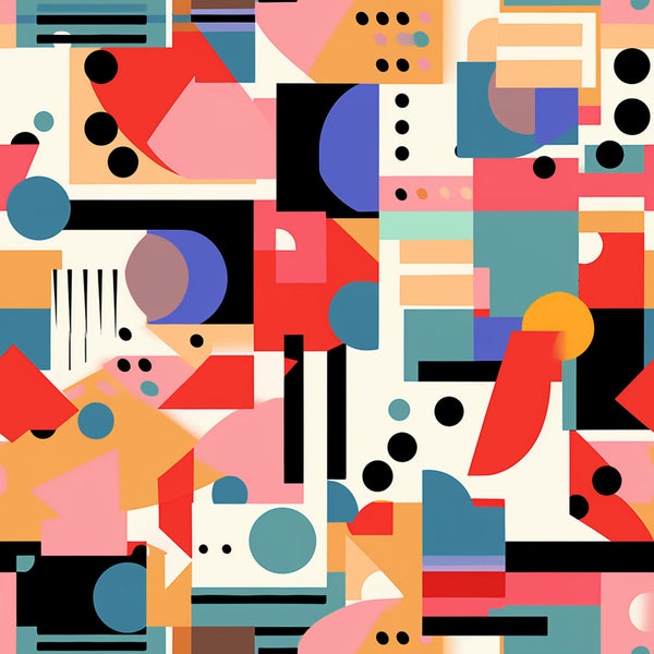 groovy, boho, hippie, geometric shapes, abstract pattern, red, orange, pink, blue, black, white, peach, coral, retro style, mod design, circles, rectangles, triangles, overlapping forms,, fabric panel, seventies inspired, psychedelic, colorful blocks