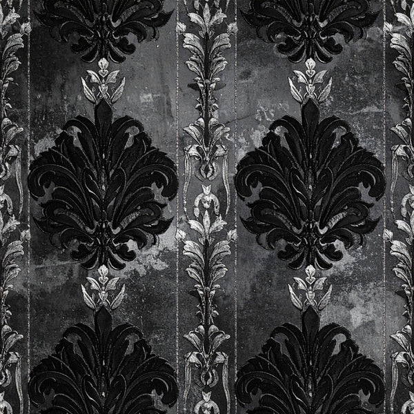black, charcoal gray, white, damask, floral, baroque, victorian, ornamental, elegant, traditional, vintage, classical, decorative, ornate, gothic, distressed, aged, sophisticated, formal, timeless, luxury, monochromatic, symmetrical, botanical, acanthus leaves, scroll work, rococo, romantic, moody, dramatic