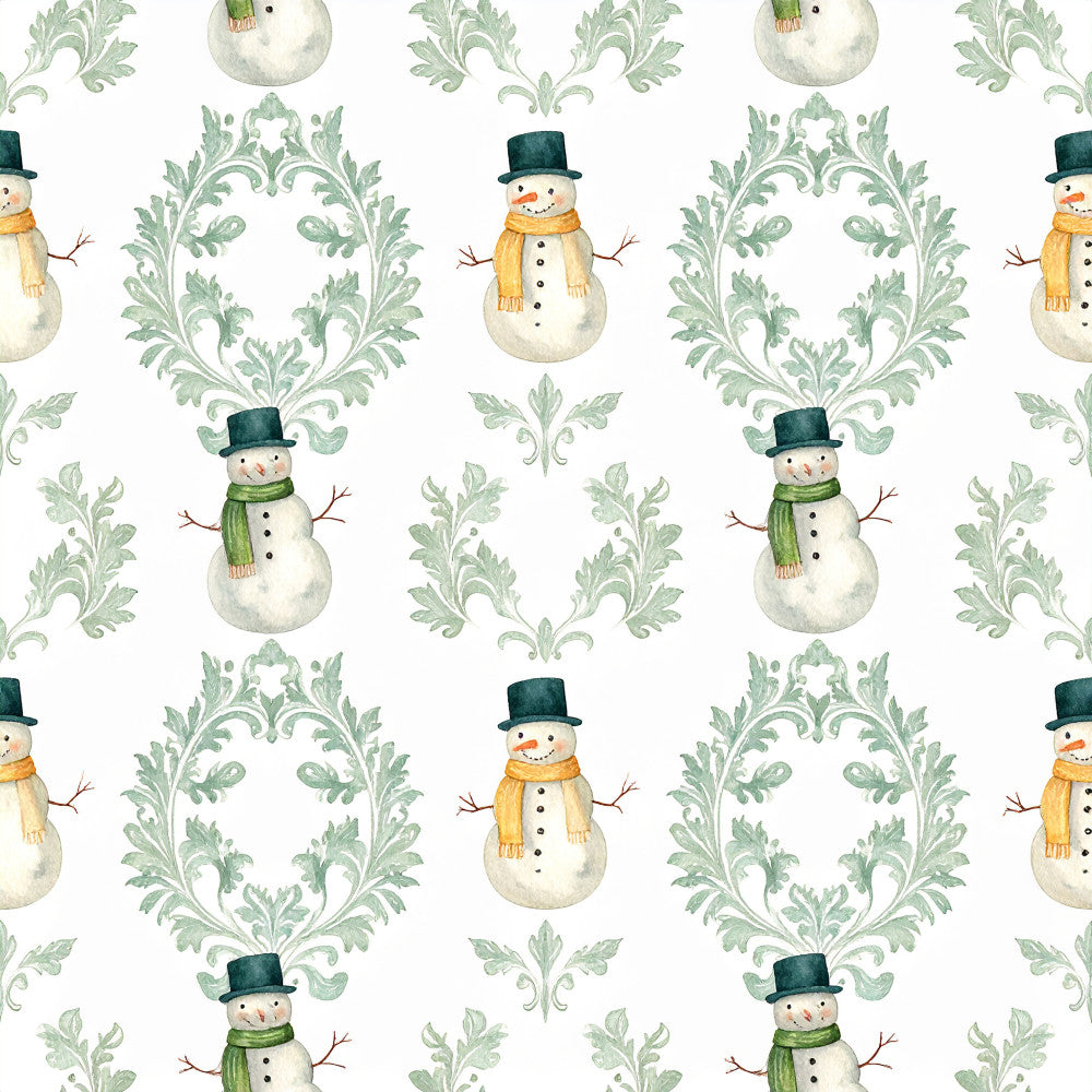 cream, sage green, forest green, gold yellow, snowman, winter, christmas, holiday, damask, baroque, ornamental, vintage, elegant, whimsical, festive, top hat, scarf, moon, celestial, nursery, kids room, playroom, traditional, formal, seasonal, snow, decorative, children's, festive winter