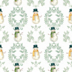 cream, sage green, forest green, gold yellow, snowman, winter, christmas, holiday, damask, baroque, ornamental, vintage, elegant, whimsical, festive, top hat, scarf, moon, celestial, nursery, kids room, playroom, traditional, formal, seasonal, snow, decorative, children's, festive winter