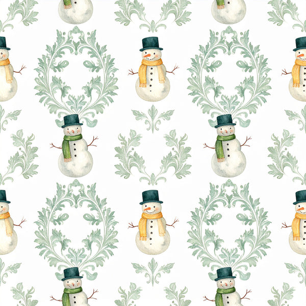 cream, sage green, forest green, gold yellow, snowman, winter, christmas, holiday, damask, baroque, ornamental, vintage, elegant, whimsical, festive, top hat, scarf, moon, celestial, nursery, kids room, playroom, traditional, formal, seasonal, snow, decorative, children's, festive winter
