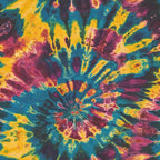 teal blue, bright yellow, magenta pink, purple, tie dye, psychedelic pattern, retro style, radiating design, burst pattern, vibrant colors, groovy aesthetic, 1960s inspired,, fabric panel, swirling motifs, kaleidoscope effect, hippie style, abstract design, colorful explosion, sixties vibe