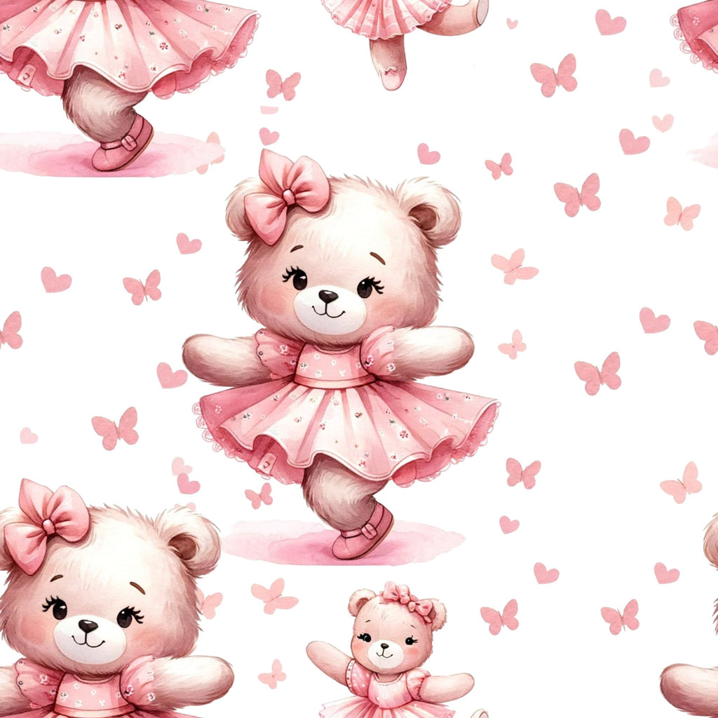 pink, blush, coral, teddy bears, ballet bears, dancing bears, tutu dresses, bow accessories, butterflies, hearts, polka dots, floral patterns, cute animals, whimsical style, nursery theme,, fabric panel, sweet design, girly motifs, children's fabric