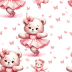 pink, blush, coral, teddy bears, ballet bears, dancing bears, tutu dresses, bow accessories, butterflies, hearts, polka dots, floral patterns, cute animals, whimsical style, nursery theme,, fabric panel, sweet design, girly motifs, children's fabric