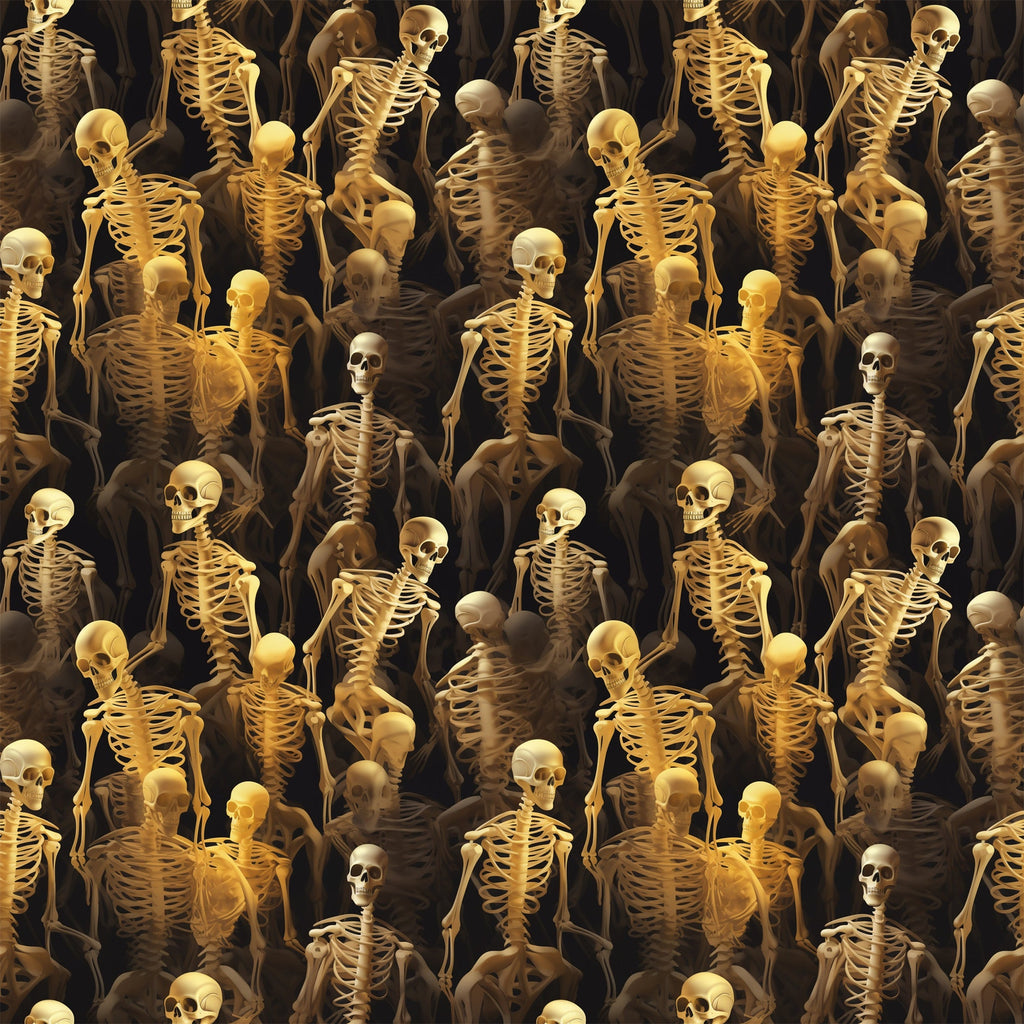 skeletons, bones, skulls, golden yellow, amber, brown, black background, spooky, eerie, macabre, repeating pattern, anatomical, human skeleton, halloween, horror theme, scary, dark atmosphere,, fabric panel, seasonal fabric