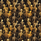 skeletons, bones, skulls, golden yellow, amber, brown, black background, spooky, eerie, macabre, repeating pattern, anatomical, human skeleton, halloween, horror theme, scary, dark atmosphere,, fabric panel, seasonal fabric