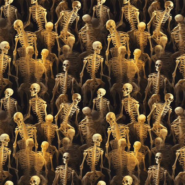 skeletons, bones, skulls, golden yellow, amber, brown, black background, spooky, eerie, macabre, repeating pattern, anatomical, human skeleton, halloween, horror theme, scary, dark atmosphere,, fabric panel, seasonal fabric