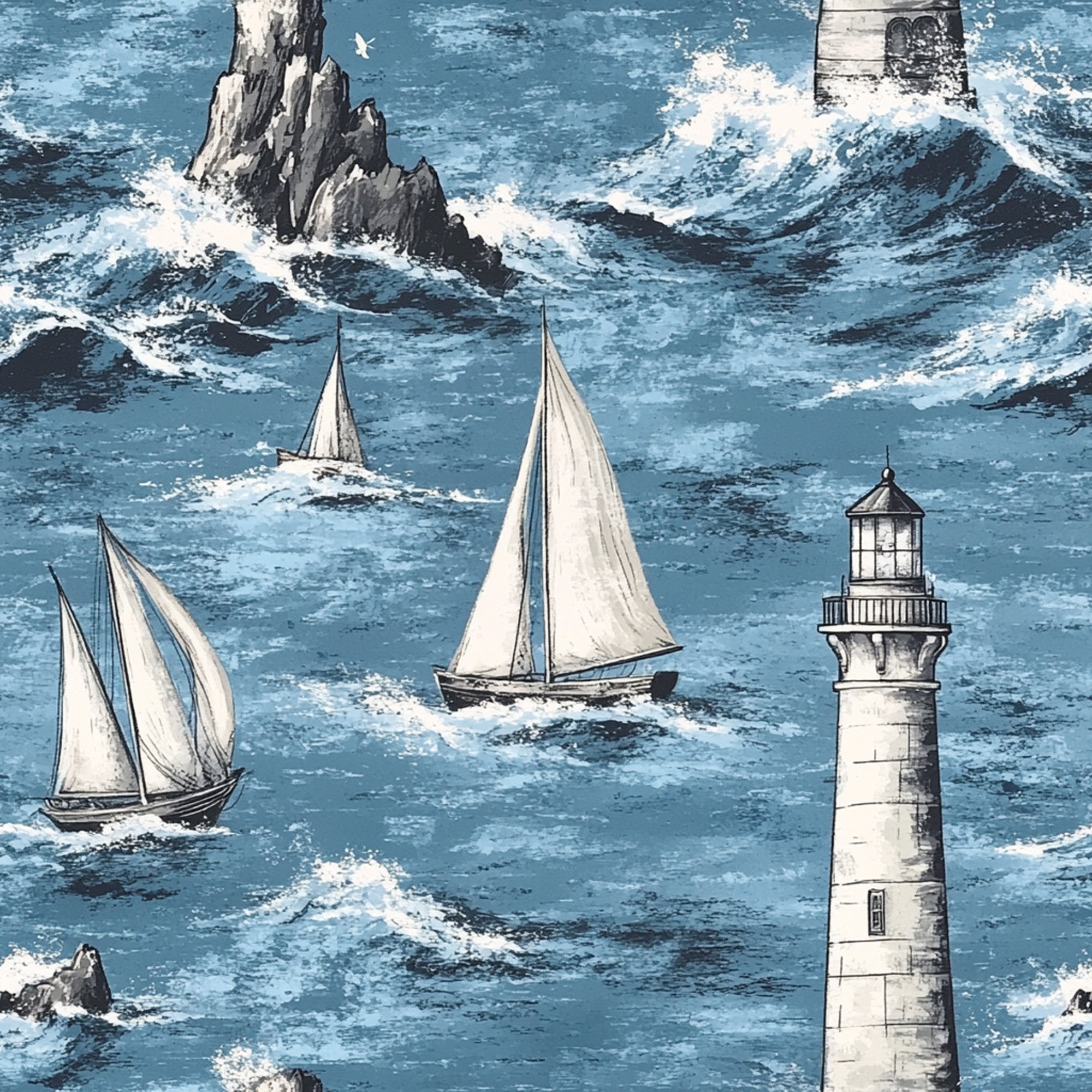 ocean blue, white sails, lighthouse, sailboats, nautical scene, rocky cliffs, crashing waves, sea foam, maritime theme,, fabric panel, coastal design, sailing ships, lighthouse beacon, stormy seas, marine illustration, vintage style, seascape pattern, nautical motifs, ocean waves