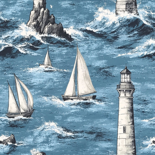 ocean blue, white sails, lighthouse, sailboats, nautical scene, rocky cliffs, crashing waves, sea foam, maritime theme,, fabric panel, coastal design, sailing ships, lighthouse beacon, stormy seas, marine illustration, vintage style, seascape pattern, nautical motifs, ocean waves