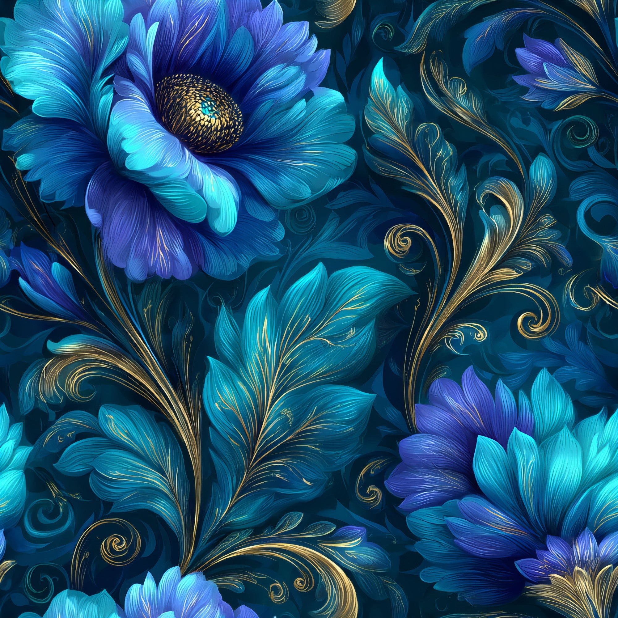 blue, turquoise, navy, purple, gold, ornamental, floral pattern, decorative flowers, swirls, scrollwork, botanical design, elegant, luxurious, baroque style,, fabric panel, intricate details, ornate, flowing vines, decorative leaves