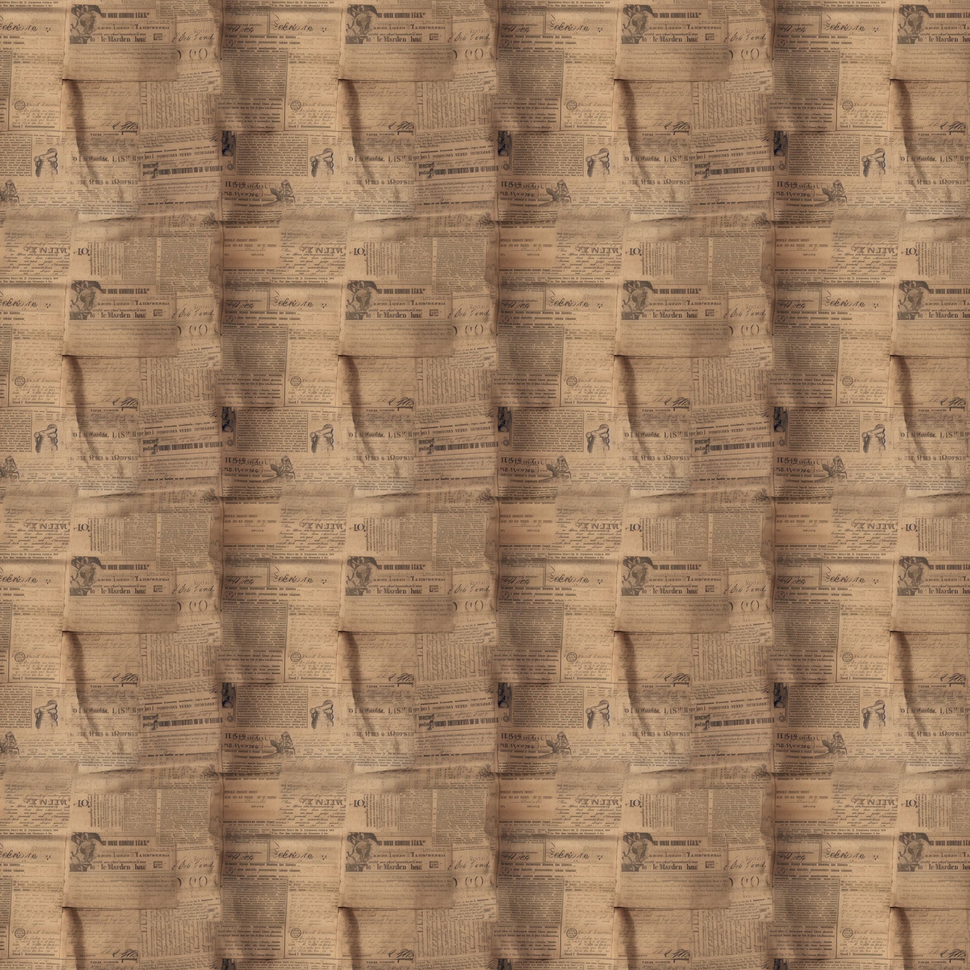 aged newspaper, vintage newsprint, sepia tones, brown hues, tan coloring, beige backdrop, antique papers, text patterns, newspaper clippings, weathered look, distressed finish,, fabric panel, retro style, nostalgic design, collage pattern, overlapping papers, faded print, historical documents, craft fabric