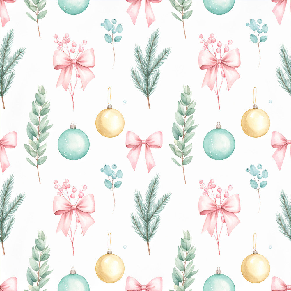 sage green, mint green, dusty rose, blush pink, gold, pale blue, christmas, holiday, festive, ornaments, baubles, bows, ribbons, evergreen branches, botanical, nature, elegant, whimsical, winter, seasonal, nursery, baby shower, kids room, playroom, floral, decorative elements, soft pastel, traditional holiday, celebration theme