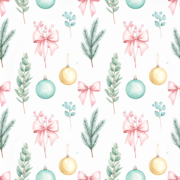 sage green, mint green, dusty rose, blush pink, gold, pale blue, christmas, holiday, festive, ornaments, baubles, bows, ribbons, evergreen branches, botanical, nature, elegant, whimsical, winter, seasonal, nursery, baby shower, kids room, playroom, floral, decorative elements, soft pastel, traditional holiday, celebration theme