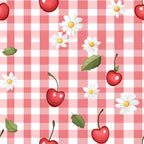 red cherries, white daisies, pink gingham, checkered background, fruit pattern, floral motif, green leaves, yellow centers,, fabric panel, cherry stems, cottage core, spring theme, pastel pink, botanical design, repeating pattern, crafting material, sewing fabric, feminine aesthetic, garden motifs