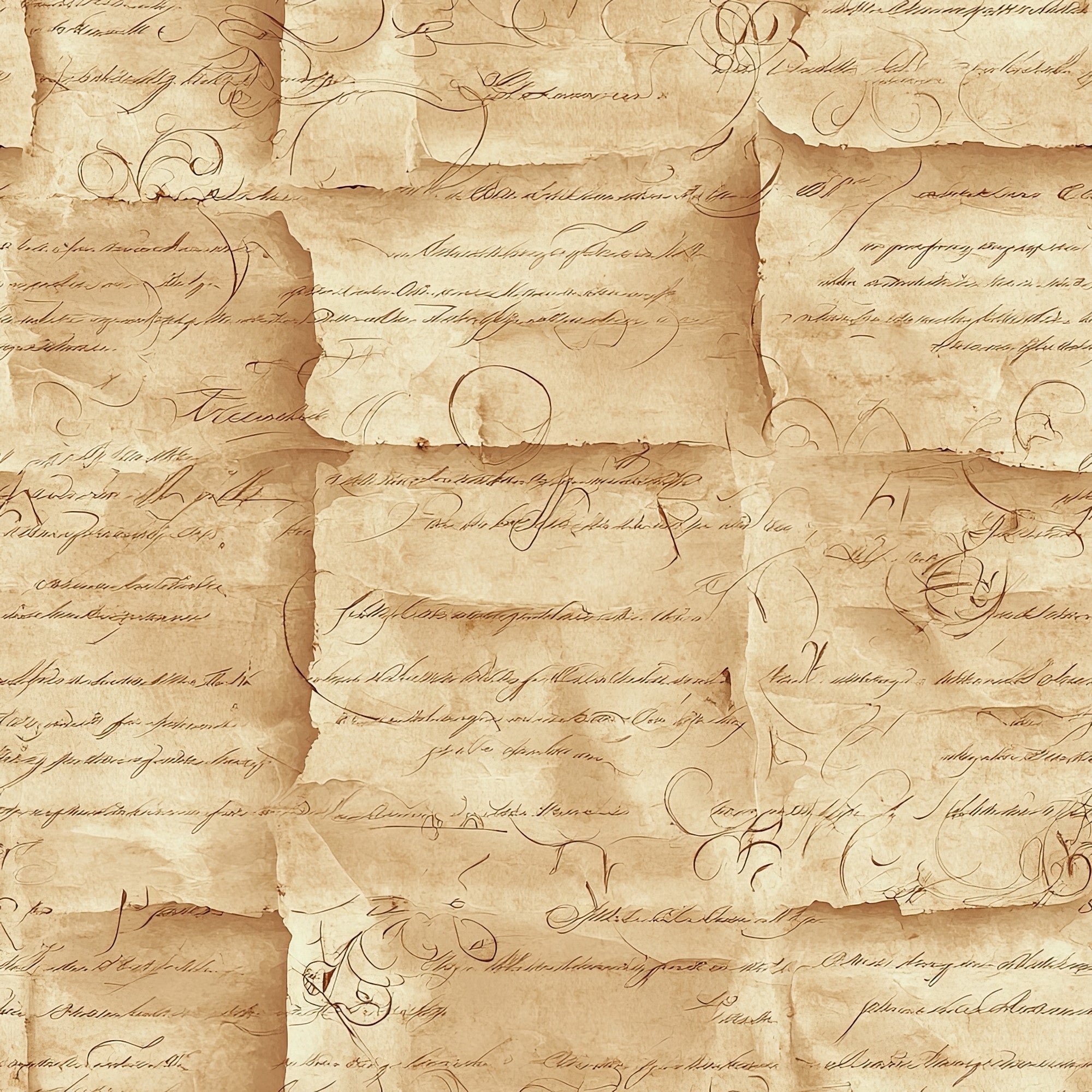 vintage documents, aged paper, handwritten script, calligraphy, ornate flourishes, sepia tones, cream colored, brown ink, weathered texture, antique letters, manuscript style, parchment appearance, decorative swirls, historical writing, cotton fabric, quilting panel, aged patina, document collage