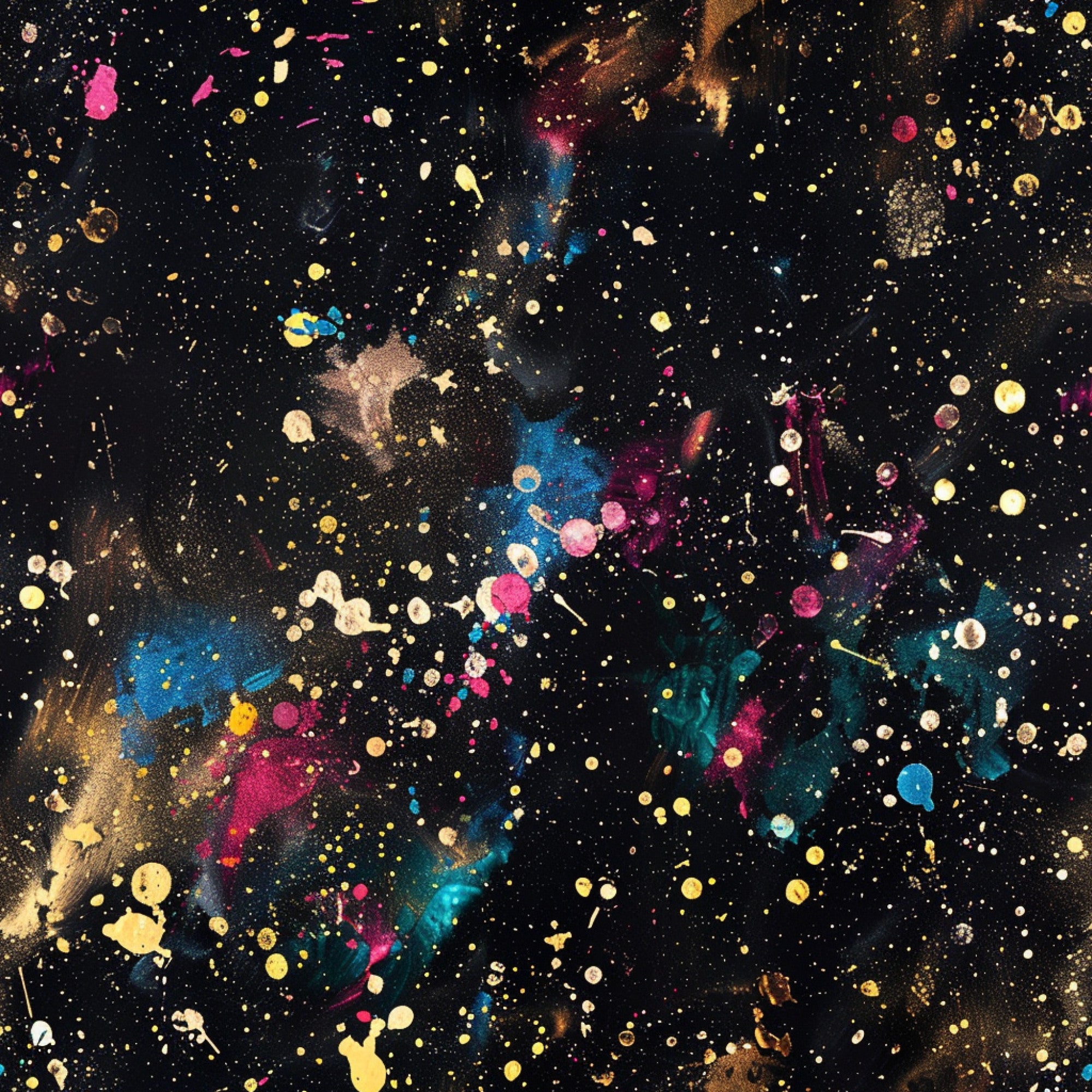 black background, paint splatter, glitter effect, gold dots, pink splatters, blue paint, teal accents, purple splashes, yellow droplets, white speckles, brown paint, abstract pattern, artistic design, cosmic feel, galaxy style,, fabric panel, modern art, painterly texture, colorful chaos