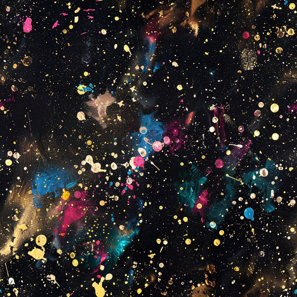 black background, paint splatter, glitter effect, gold dots, pink splatters, blue paint, teal accents, purple splashes, yellow droplets, white speckles, brown paint, abstract pattern, artistic design, cosmic feel, galaxy style,, fabric panel, modern art, painterly texture, colorful chaos