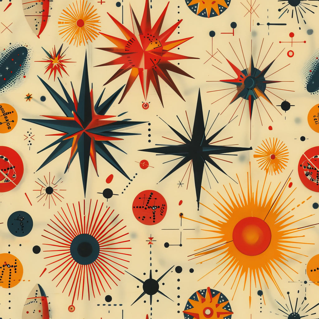 retro starburst, mid-century modern, atomic age, orange, red, navy blue, cream background, geometric shapes, radiating lines, sunburst design, space age, vintage style,, fabric panel, modernist pattern, angular stars, cosmic motifs, 1950s inspired, abstract design, vibrant colors