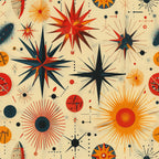 retro starburst, mid-century modern, atomic age, orange, red, navy blue, cream background, geometric shapes, radiating lines, sunburst design, space age, vintage style,, fabric panel, modernist pattern, angular stars, cosmic motifs, 1950s inspired, abstract design, vibrant colors