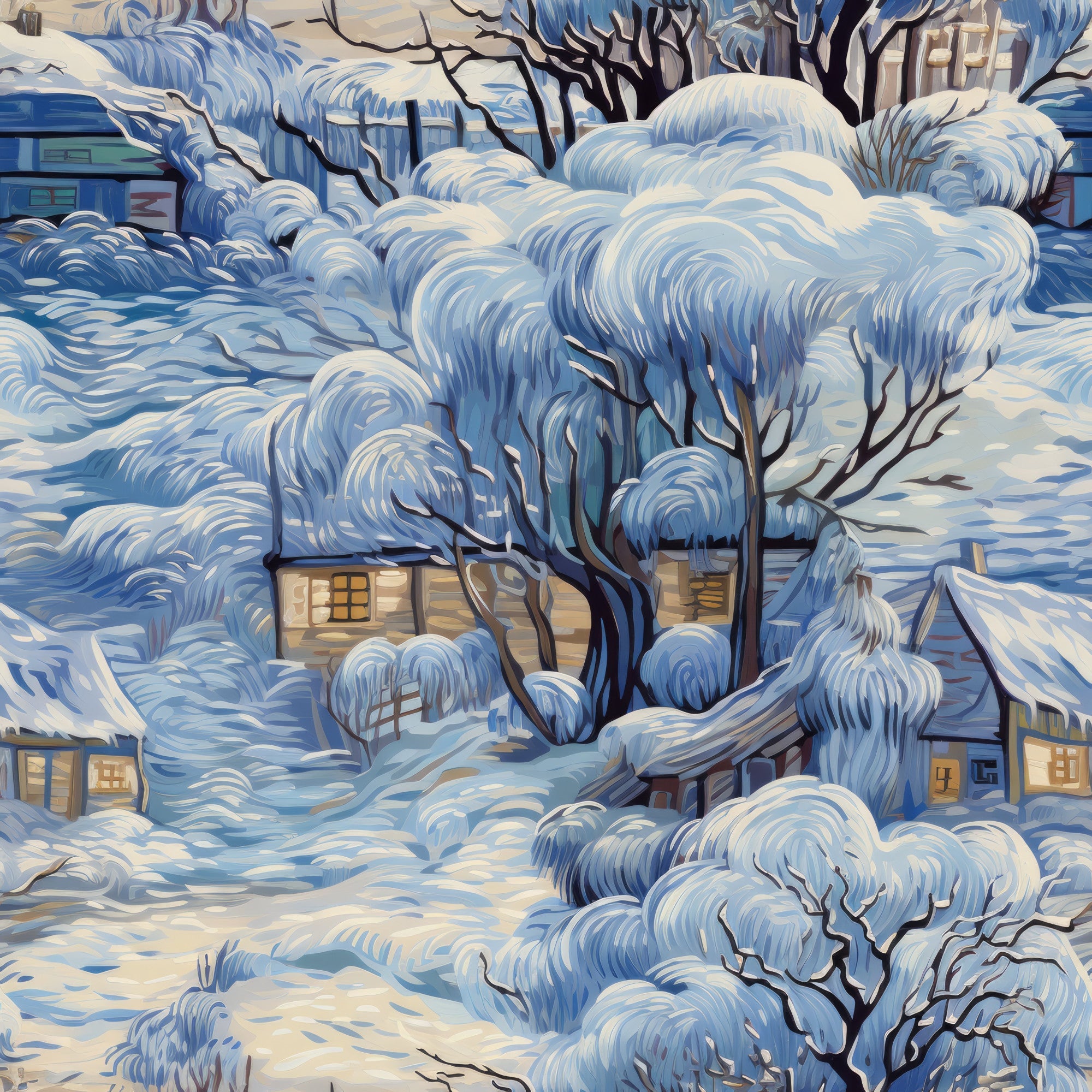 winter scene, snow covered, blue tones, white snow, cream accents, cozy cottages, bare trees,, fabric panel, peaceful landscape, village houses, glowing windows, snowy branches, serene atmosphere, dawn lighting, whimsical illustration, cottage core, winter wonderland, soft pastels, stylized artwork