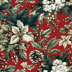 christmas fabric, pinecones, holly leaves, berries, evergreen branches, red background, green foliage, white flowers, botanical pattern, winter florals,, fabric panel, holiday motifs, festive design, natural elements, seasonal fabric, craft material, sewing fabric, christmas quilting