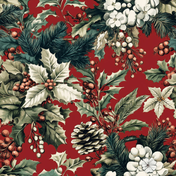 christmas fabric, pinecones, holly leaves, berries, evergreen branches, red background, green foliage, white flowers, botanical pattern, winter florals,, fabric panel, holiday motifs, festive design, natural elements, seasonal fabric, craft material, sewing fabric, christmas quilting