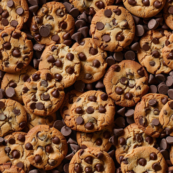 chocolate chip cookies, brown, golden brown, dark chocolate, food pattern, dessert theme, baked goods, realistic photography, sweet treats, junk food, snack foods, kitchen theme, bakery items, indulgent foods, comfort food,, fabric panel, food lovers, culinary design, cookie design