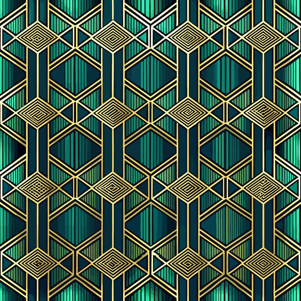 emerald green, teal, gold, navy blue, geometric pattern, art deco, hexagons, diamonds, stripes, chevrons, luxurious, sophisticated,, fabric panel, metallic accents, symmetrical design, vintage style, repeating motifs, angular shapes, jewel tones