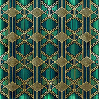 emerald green, teal, gold, navy blue, geometric pattern, art deco, hexagons, diamonds, stripes, chevrons, luxurious, sophisticated,, fabric panel, metallic accents, symmetrical design, vintage style, repeating motifs, angular shapes, jewel tones