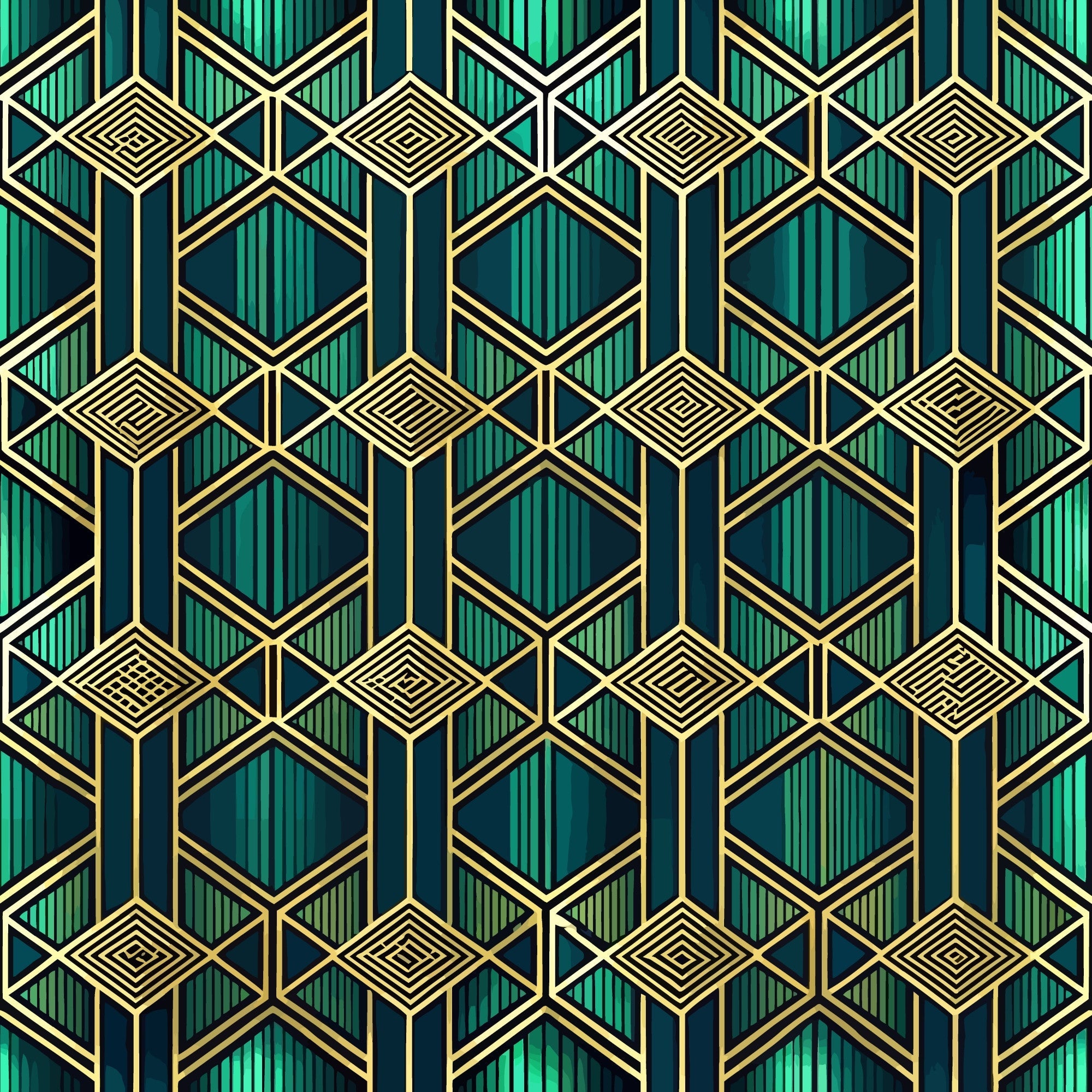 emerald green, teal, gold, navy blue, geometric pattern, art deco, hexagons, diamonds, stripes, chevrons, luxurious, sophisticated,, fabric panel, metallic accents, symmetrical design, vintage style, repeating motifs, angular shapes, jewel tones