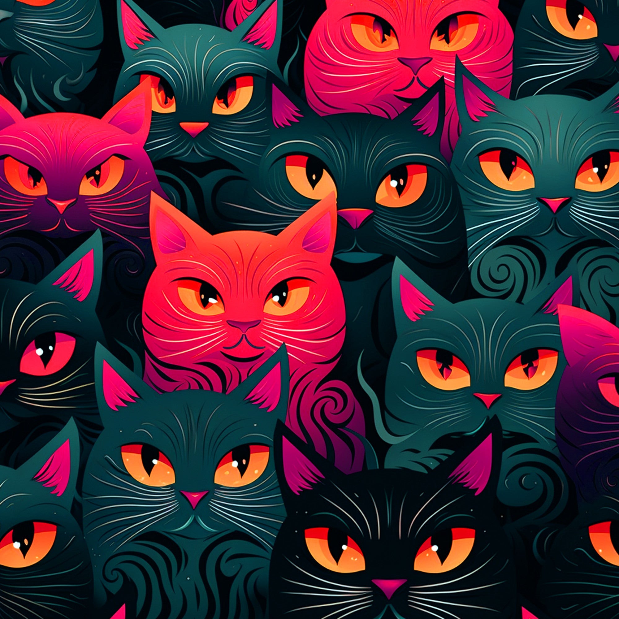 cats, feline faces, orange eyes, pink noses, teal green, hot pink, magenta, coral, swirled fur, suspicious expression,, fabric panel, stylized illustration, whimsical art, seamless pattern, pet themed, animal motif, modern design, vibrant colors, decorative swirls