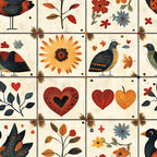 fabric panel, autumn colors, rust orange, navy blue, cream background, folk art style, botanical motifs, bird illustrations, heart shapes, floral designs, sunflower, leaves, branches, nature themed, warm earth tones, patchwork squares, craft fabric, thanksgiving theme, harvest motifs