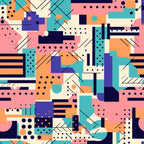 teal, coral pink, navy blue, orange, cream, geometric shapes, abstract pattern, retro style, modern design, dots, lines, rectangles, circles, overlapping forms, contemporary art, vibrant colors,, fabric panel, boho style, groovy aesthetic