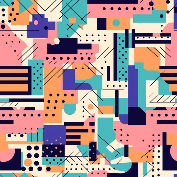 teal, coral pink, navy blue, orange, cream, geometric shapes, abstract pattern, retro style, modern design, dots, lines, rectangles, circles, overlapping forms, contemporary art, vibrant colors,, fabric panel, boho style, groovy aesthetic