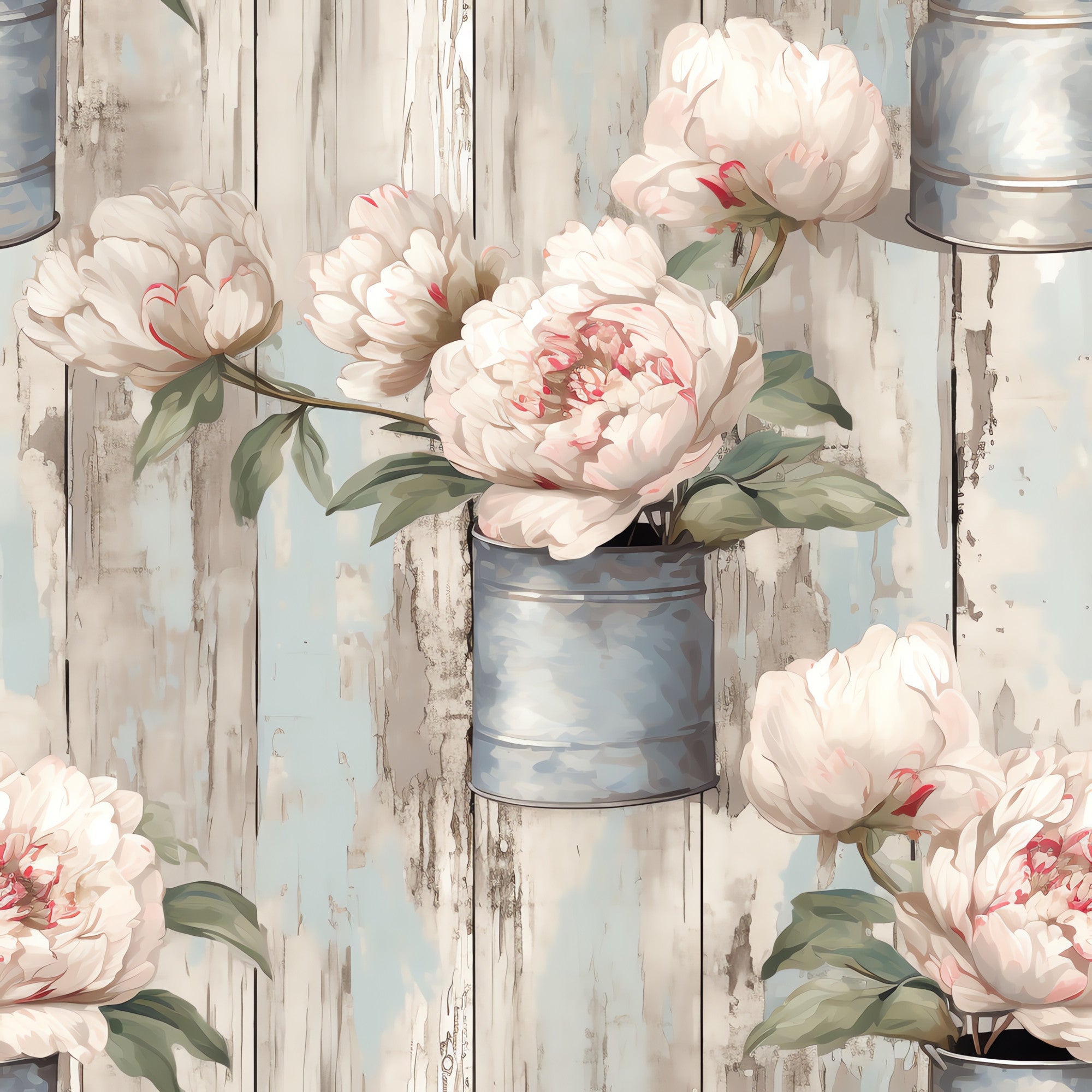 pale pink, cream white, sage green, weathered wood, peonies, floral blooms, galvanized buckets, metal containers, rustic planks, farmhouse style, vintage aesthetic, botanical illustration,, fabric panel, shabby chic, cottage core, soft pastels, distressed wood, country charm, romantic florals