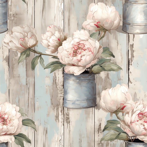 pale pink, cream white, sage green, weathered wood, peonies, floral blooms, galvanized buckets, metal containers, rustic planks, farmhouse style, vintage aesthetic, botanical illustration,, fabric panel, shabby chic, cottage core, soft pastels, distressed wood, country charm, romantic florals