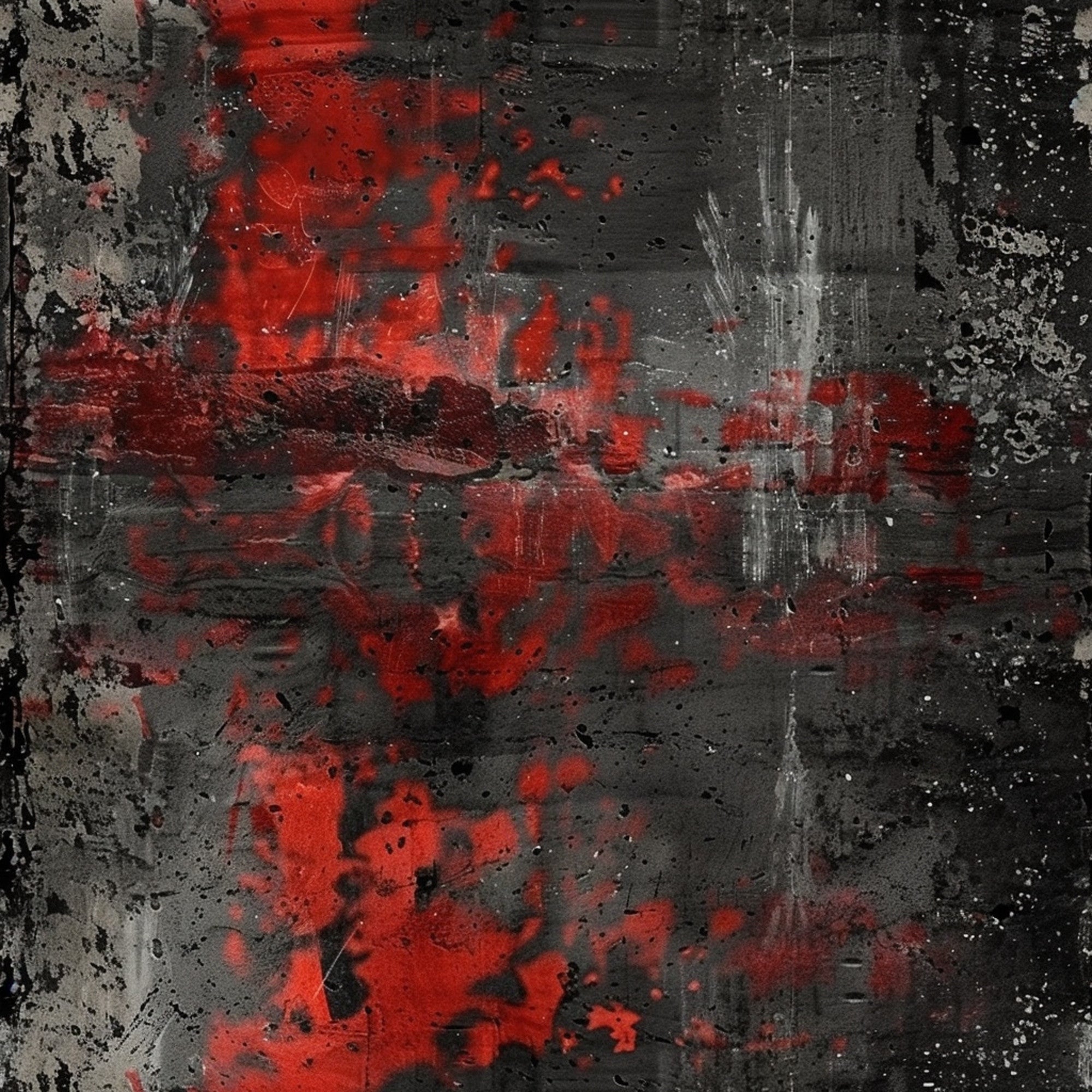 red, black, gray, grunge, distressed, abstract, textured, splatters, worn, weathered, urban, industrial, paint splashes, rough, gritty,, fabric panel, dark, moody, artistic