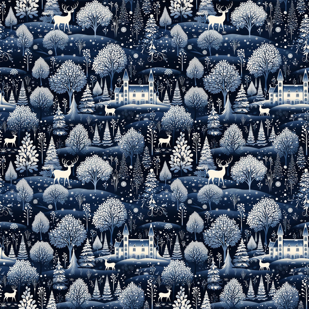 delft blue, navy blue, white, cream, winter scene, snow falling, deer, stags, castle, manor house, trees, evergreen trees, forest, woodland, scenic landscape,, fabric panel, repeating pattern, winter wonderland, snowflakes