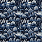delft blue, navy blue, white, cream, winter scene, snow falling, deer, stags, castle, manor house, trees, evergreen trees, forest, woodland, scenic landscape,, fabric panel, repeating pattern, winter wonderland, snowflakes
