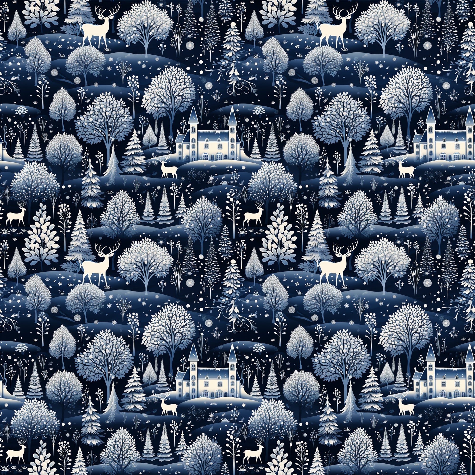 delft blue, navy blue, white, cream, winter scene, snow falling, deer, stags, castle, manor house, trees, evergreen trees, forest, woodland, scenic landscape,, fabric panel, repeating pattern, winter wonderland, snowflakes