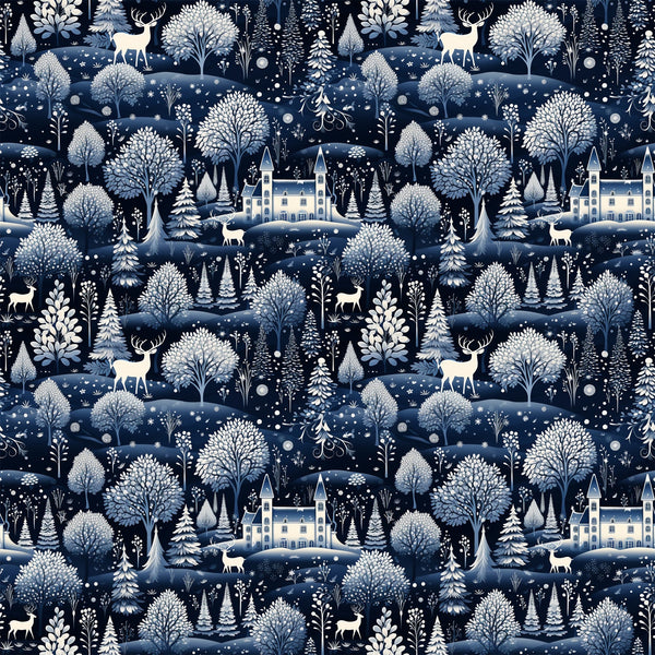 delft blue, navy blue, white, cream, winter scene, snow falling, deer, stags, castle, manor house, trees, evergreen trees, forest, woodland, scenic landscape,, fabric panel, repeating pattern, winter wonderland, snowflakes