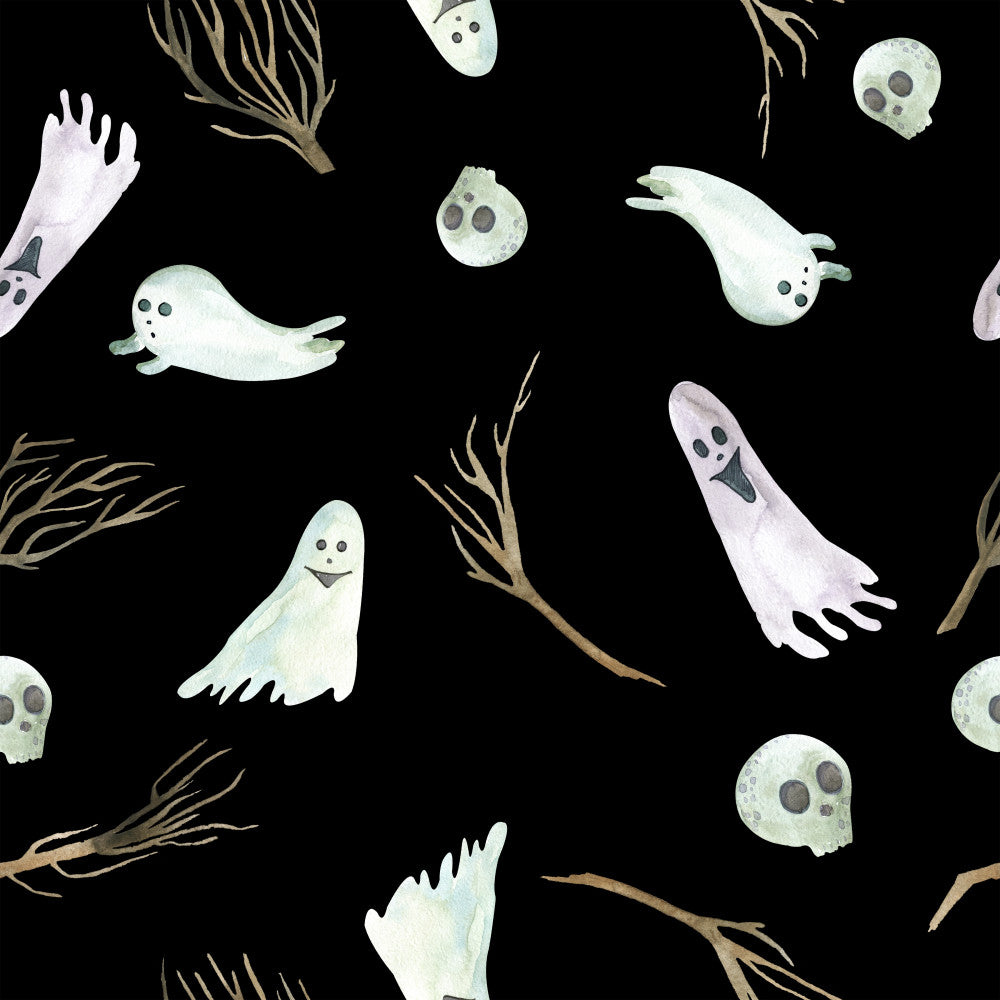 halloween, ghosts, skulls, spooky, black, white, cream, pale green, dusty purple, dead branches, bare trees, whimsical, eerie, festive, october, spooky season, trick or treat, haunted, ghostly, supernatural, creepy cute, children's halloween, kids halloween, playroom, nursery, dark themed, patterned, seasonal, holiday themed, skeletal